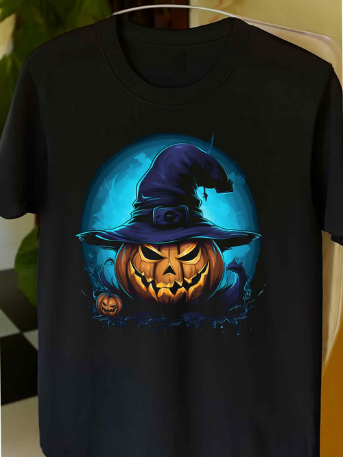Men's Graphic T-Shirt Glowing Blue Halloween Night With Witch Hat Jack O Lantern Pumpkin