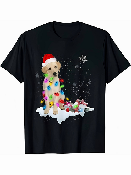 Men's Graphic T-Shirt Playful Dog Wearing Santa Hat Surrounded By Christmas Lights Snowflakes And Ornaments Puppy