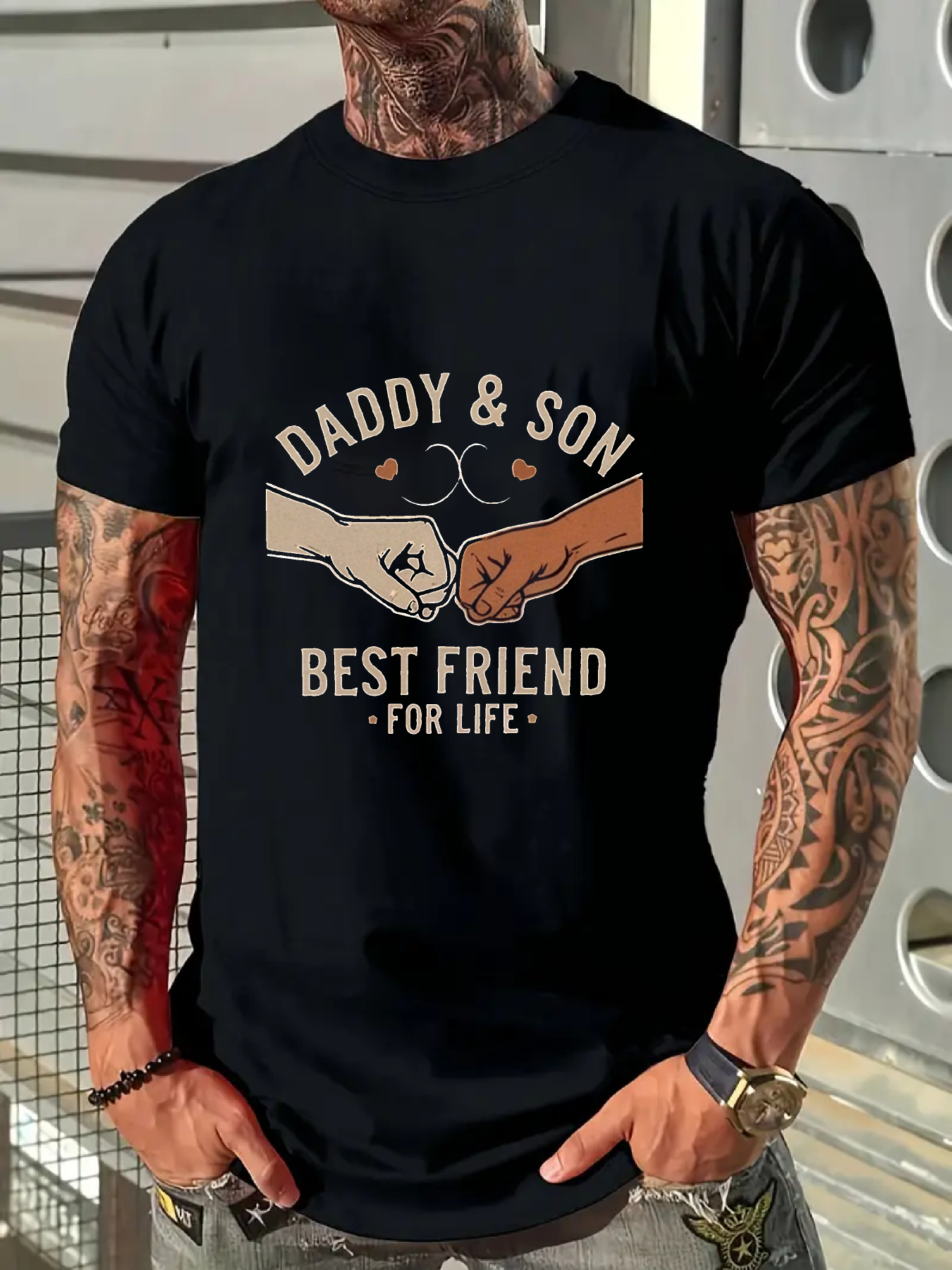 Men's Graphic T-Shirt Daddy And Son Best Friend For Life Fist Bump Under Heart With Stars Motif