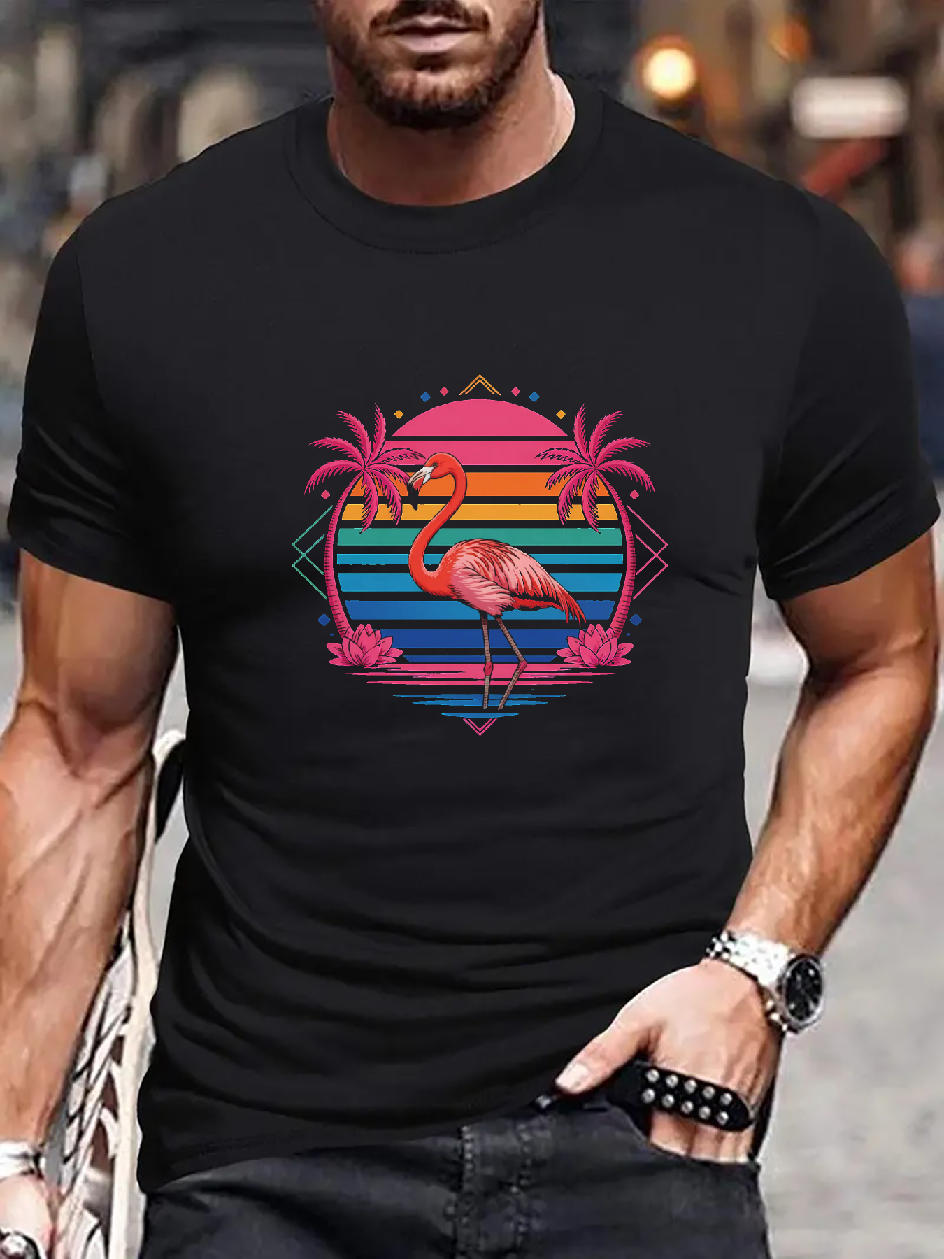 Men's Graphic T-Shirt Colorful Sunset With Palm Trees Framing A Pink Flamingo