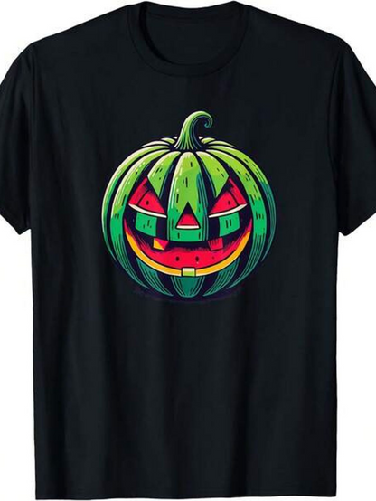 Men's Graphic T-Shirt Colorful Halloween Party Face On Juicy Watermelon Pumpkin