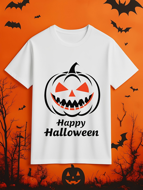 Men's Graphic T-Shirt Happy Halloween With Smiling Carved Pumpkin Face Surrounded By Festive Atmosphere