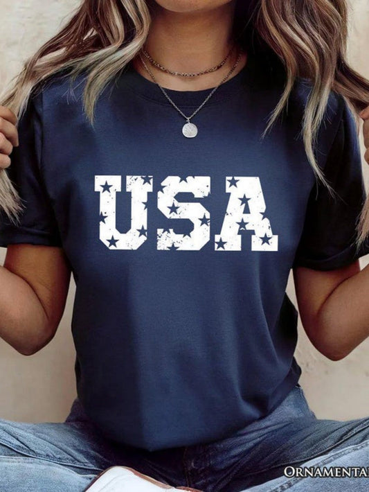 Women's Graphic T-Shirt USA Bold White Letters With Star Pattern On Simple T Shirt