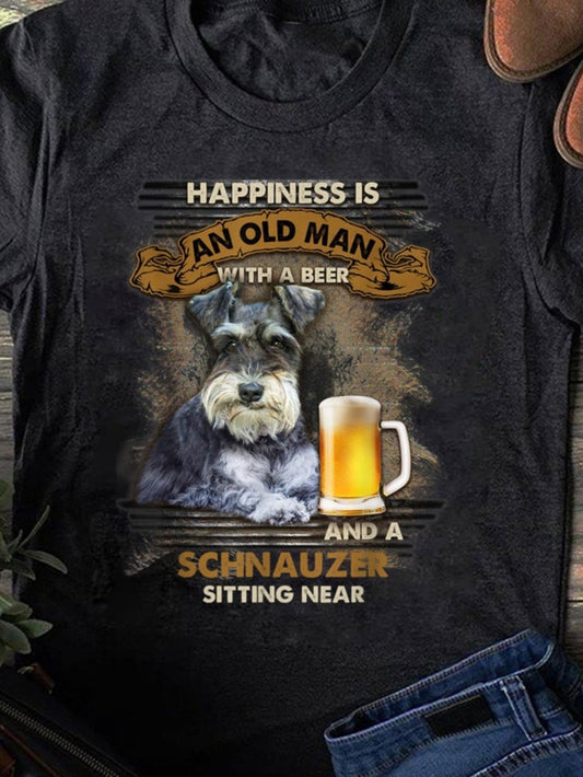 Women's Graphic T-Shirt Happiness With Beer And Schnauzer Sitting Beside A Calm Old Man