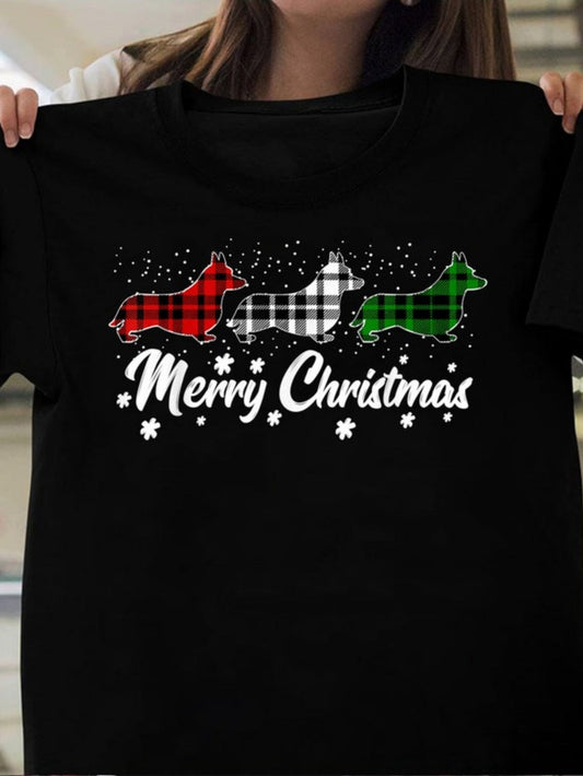 Women's Graphic T-Shirt Merry Christmas Plaid Patterned Dachshunds Amid Falling Snowflakes