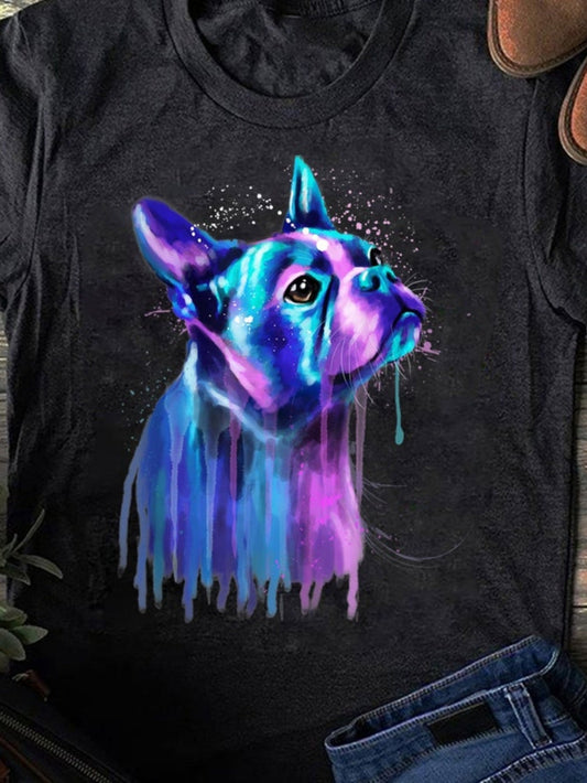 Women's Graphic T-Shirt Vivid Neon Paint Dripping Effect With French Bulldog Portrait