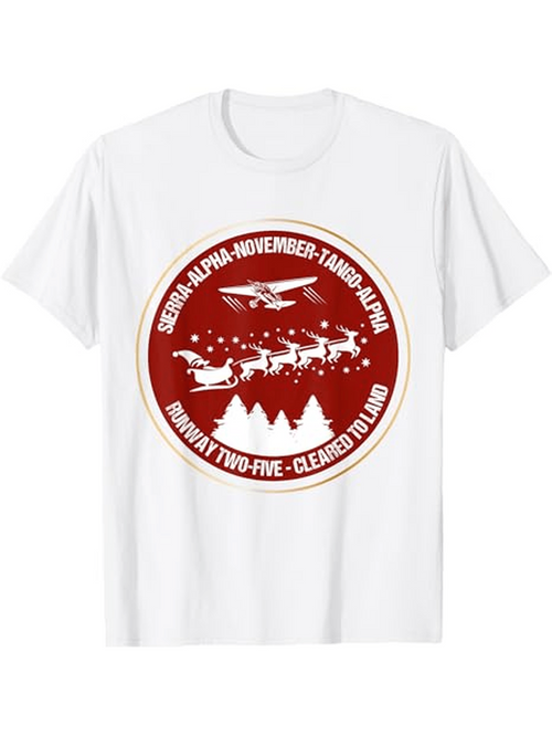 Men's Graphic T-Shirt Sierra Alpha November Tango Alpha Runway Twenty Five Cleared To Land With Santa Sleigh Over Mountains