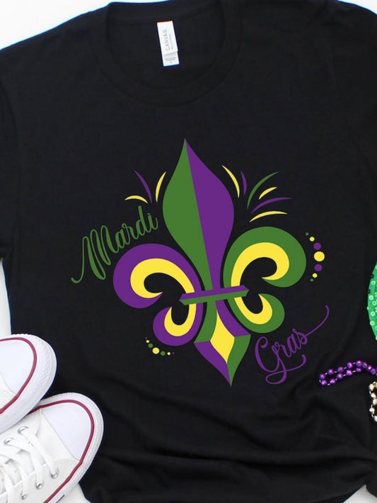 Women's Graphic T-Shirt Mardi Gras With Bright Colorful Confetti Swirls And Festive Fleur De Lis
