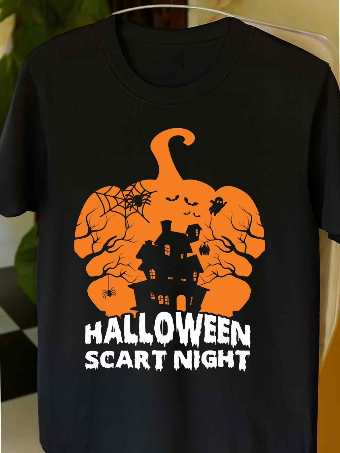 Men's Graphic T-Shirt Halloween Scart Night Haunted Pumpkin With Spider Webs And Bats House