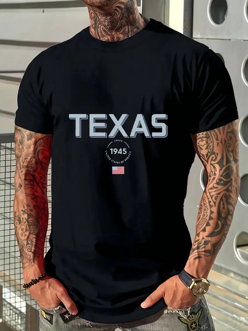 Men's Graphic T-Shirt Bold White Letters With Small Flag Under Texas Text