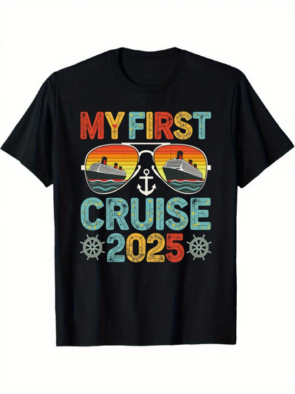 Men's Graphic T-Shirt My First Cruise 2025 Vibrant Sunset Reflections With Anchors Sunglasses