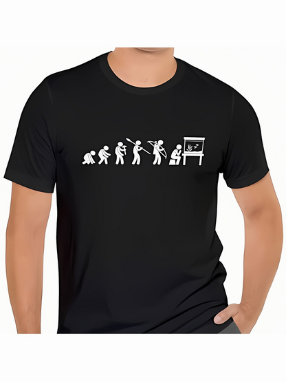 Men's Graphic T-Shirt Evolution Sequence With Stick Figures Leading To Arcade Machine