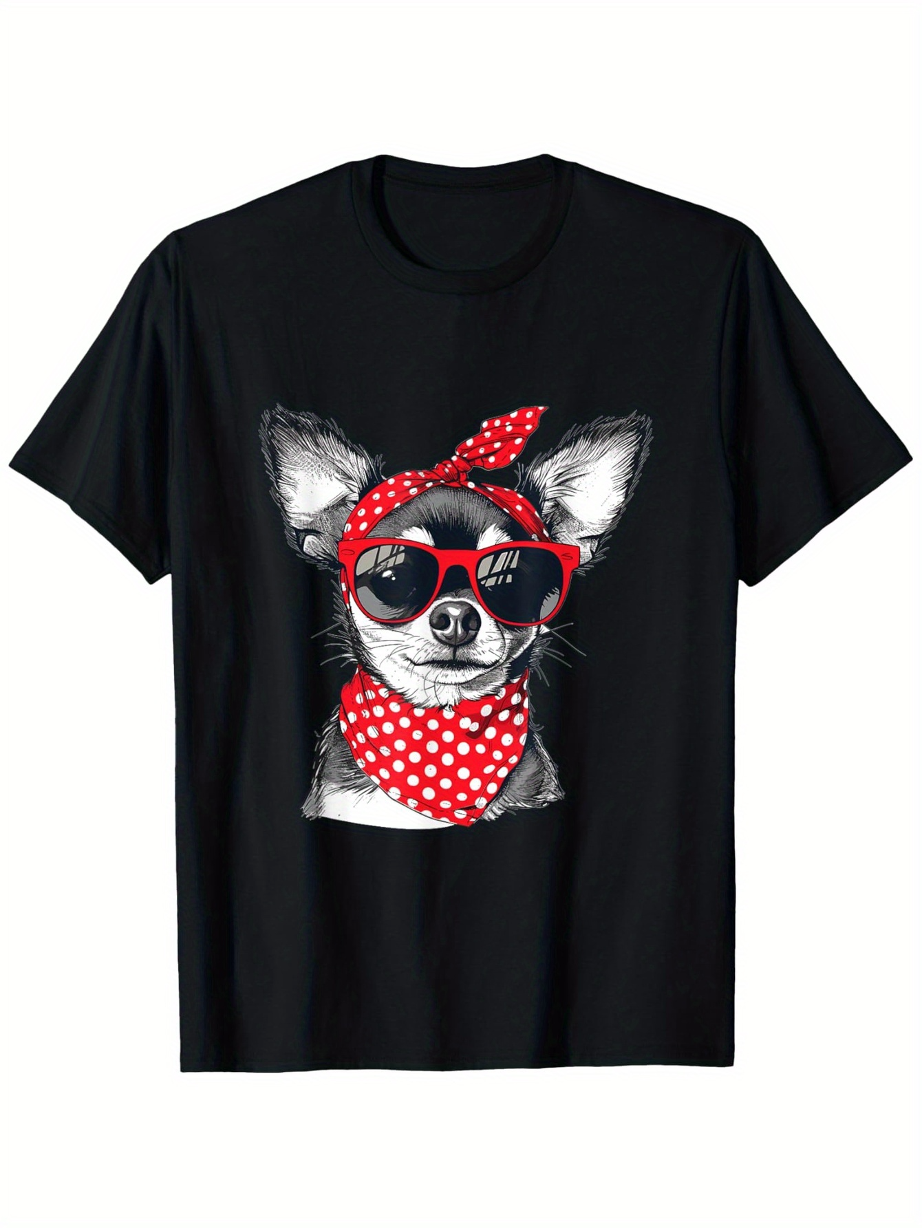 Men's Graphic T-Shirt Cute Wearing Red Polka Dot Bandana With Sunglasses Chihuahua Dog