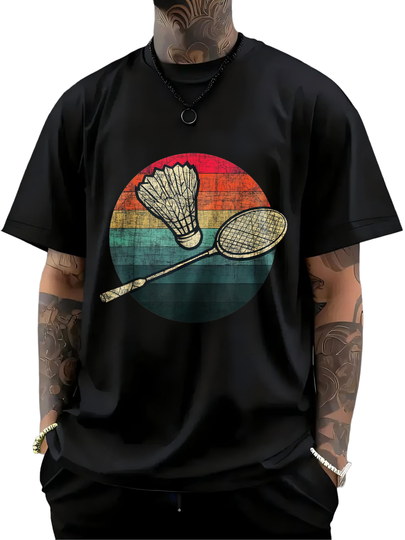 Men's Graphic T-Shirt Retro Sunburst Stripes With Badminton Racket And Shining Shuttlecock