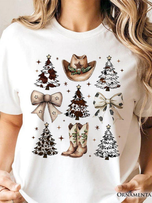 Women's Graphic T-Shirt Vintage Western Hat With Festive Christmas Trees And Ribbon Boots