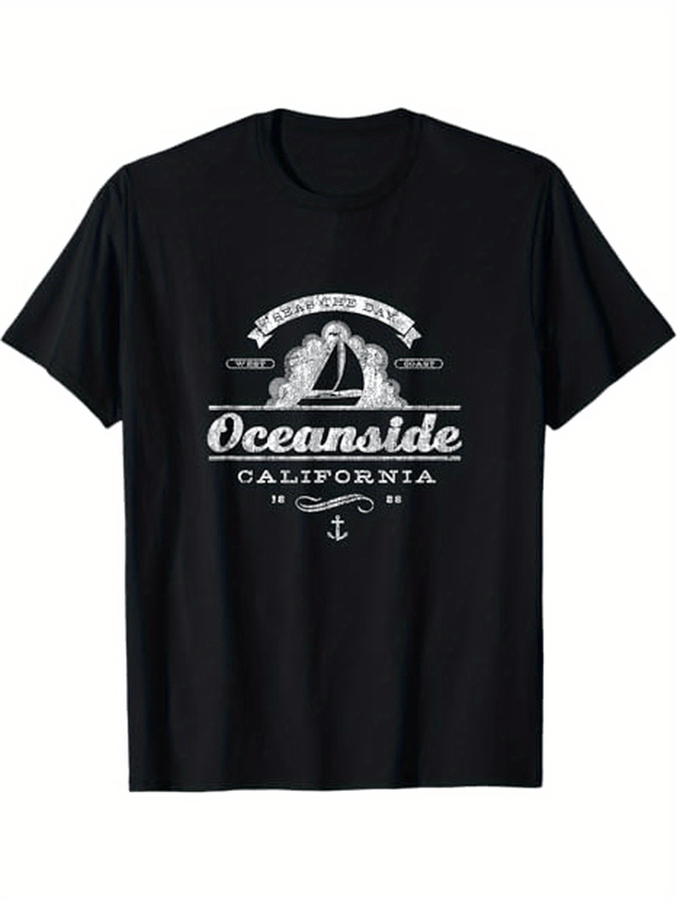 Men's Graphic T-Shirt Oceanside California With Old Style Lettering And Sailboat Under Sun