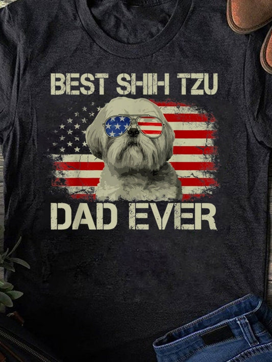 Women's Graphic T-Shirt Best Shih Tzu Dad Ever With American Flag And Sunglass Wearing Dog