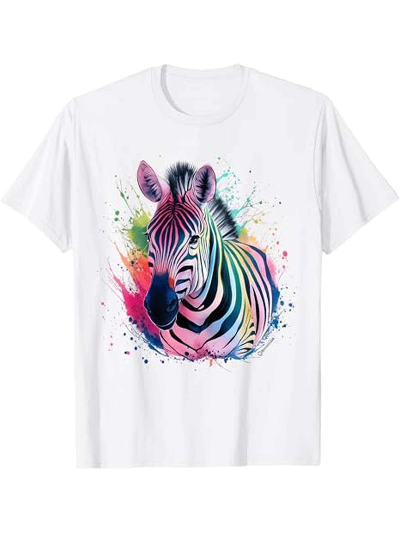 Men's Graphic T-Shirt Vibrant Watercolor Paint Splashes Surrounding A Majestic Zebra