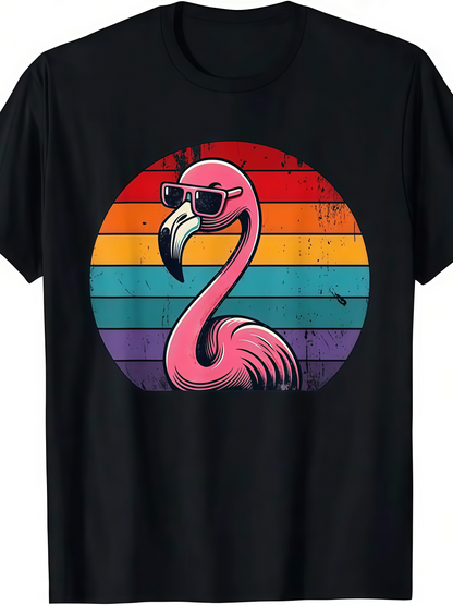 Men's Graphic T-Shirt Retro Striped Sun With Sunglasses Wearing Pink Flamingo