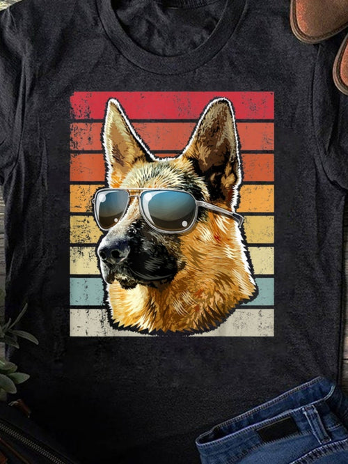 Men's Graphic T-Shirt Retro Sunset Stripes Behind Cool Sunglasses Wearing German Shepherd Dog