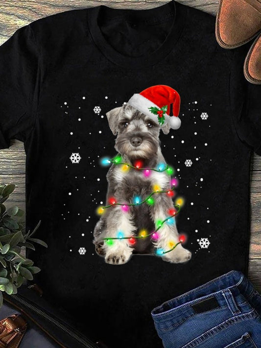 Women's Graphic T-Shirt Christmas Lights With Festive Snowflakes On Cute Schnauzer Dog