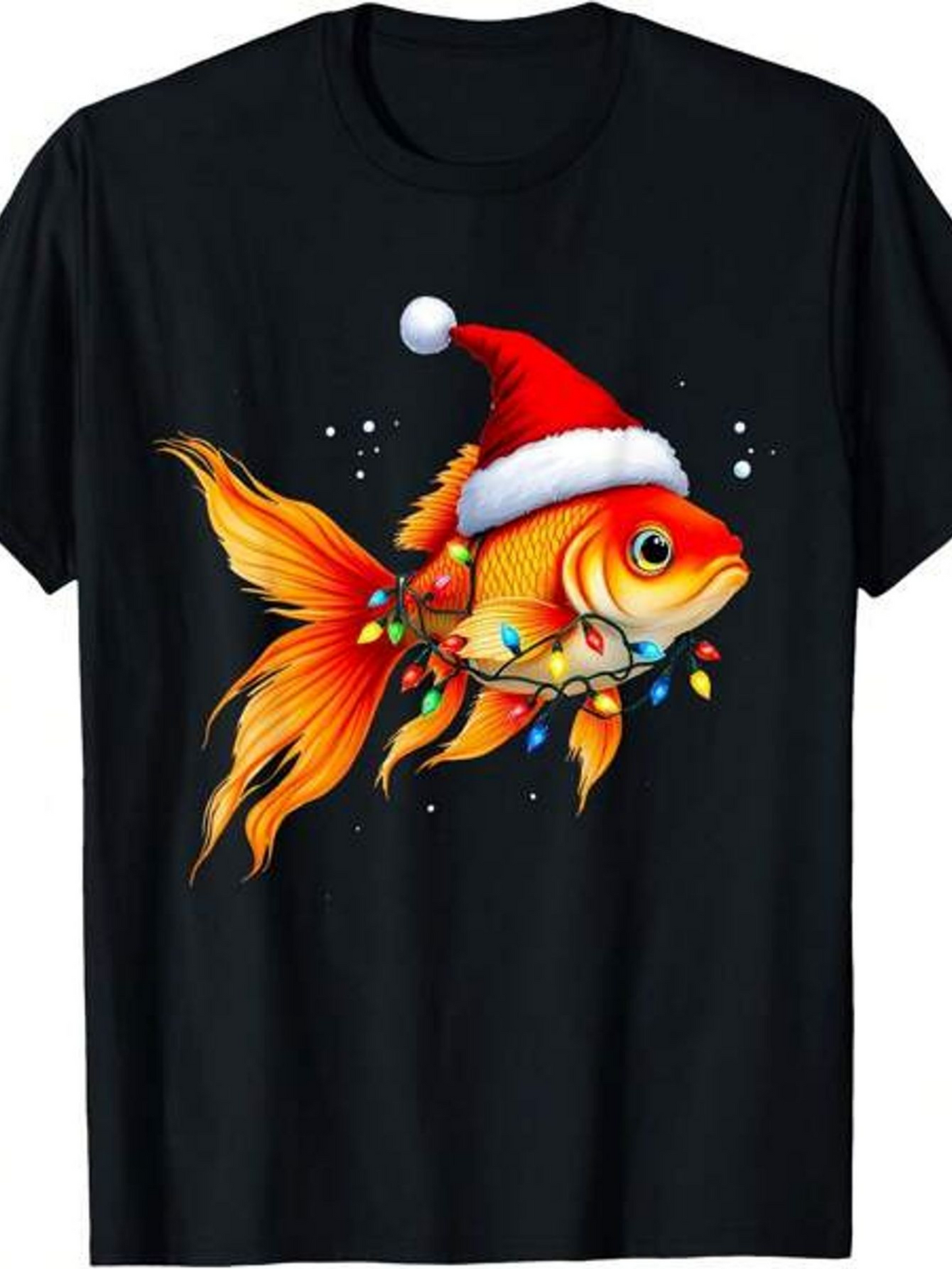 Men's Graphic T-Shirt Festive Goldfish Wearing Santa Hat With Colorful Holiday Lights