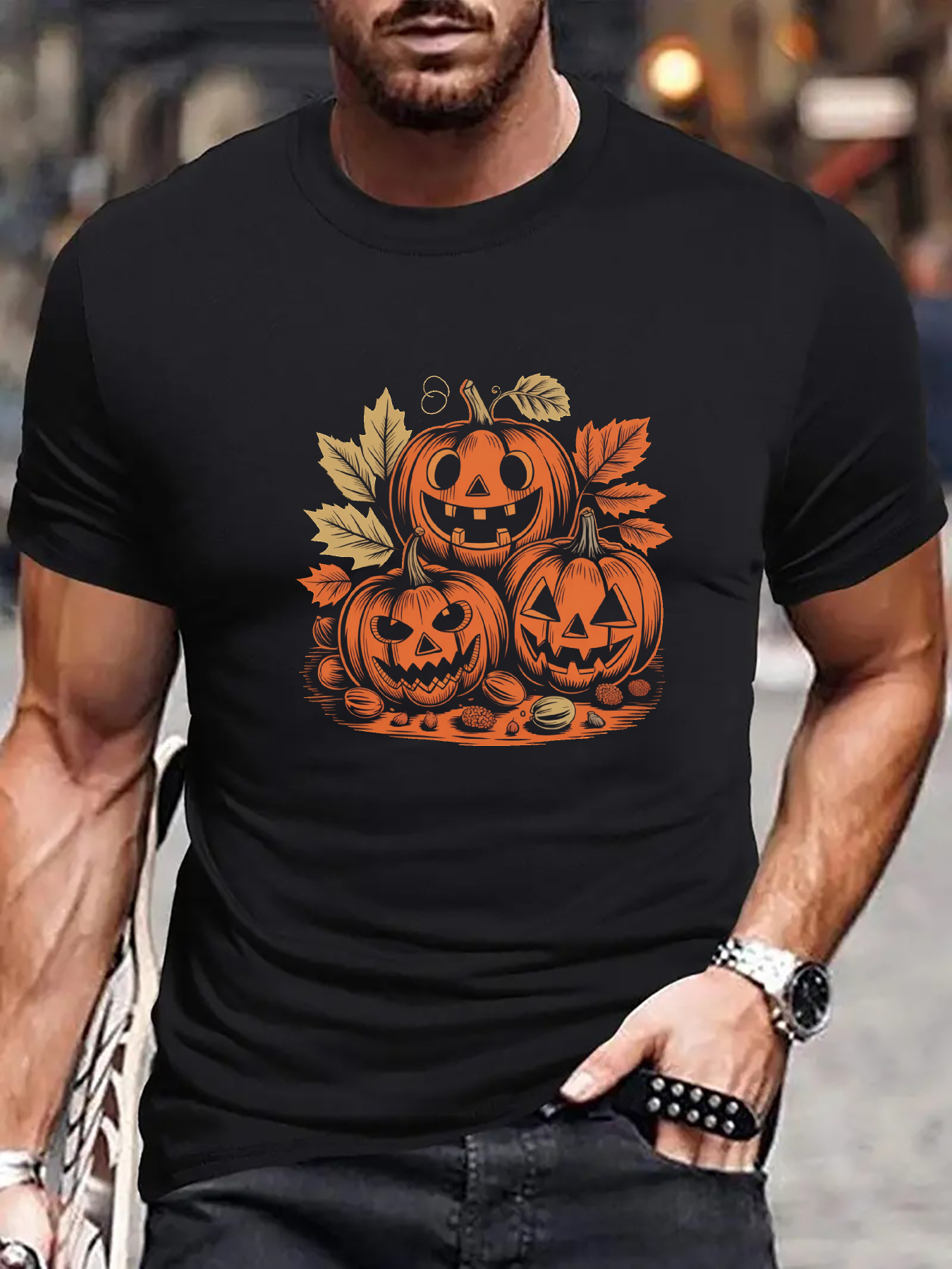 Men's Graphic T-Shirt Autumn Leaves With Glowing Warm Pumpkins Among Falling Vines Pumpkin