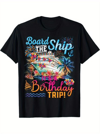 Men's Graphic T-Shirt Board The Ship Colorful Fireworks Over Tropical Palm Trees Cruise Ship Birthday Trip