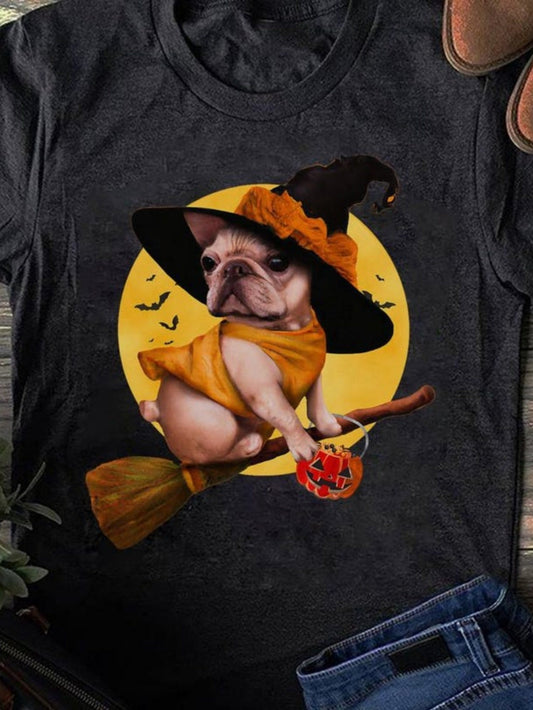 Women's Graphic T-Shirt Halloween Moon With Flying Bats Around Bulldog Wearing Witch Hat Broomstick