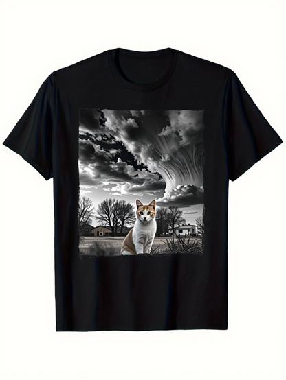 Men's Graphic T-Shirt Dramatic Stormy Sky With Lonely Cat In Winter Landscape
