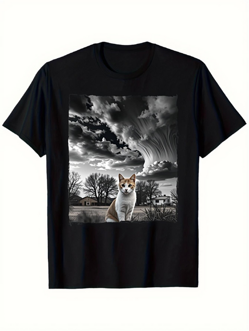 Men's Graphic T-Shirt Dramatic Stormy Sky With Lonely Cat In Winter Landscape