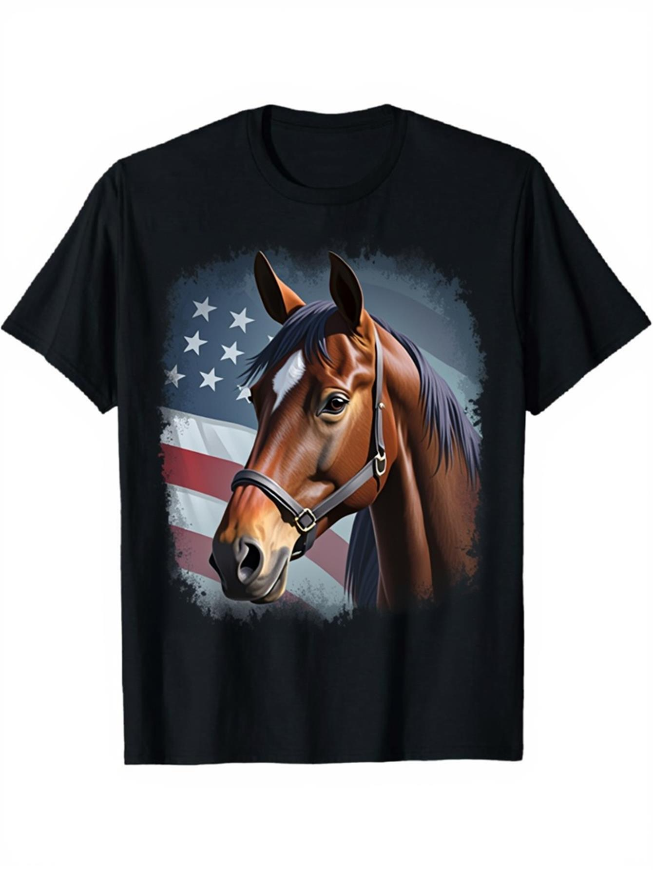 Men's Graphic T-Shirt Majestic Brown Horse With Flowing Mane In Front Of American Flag