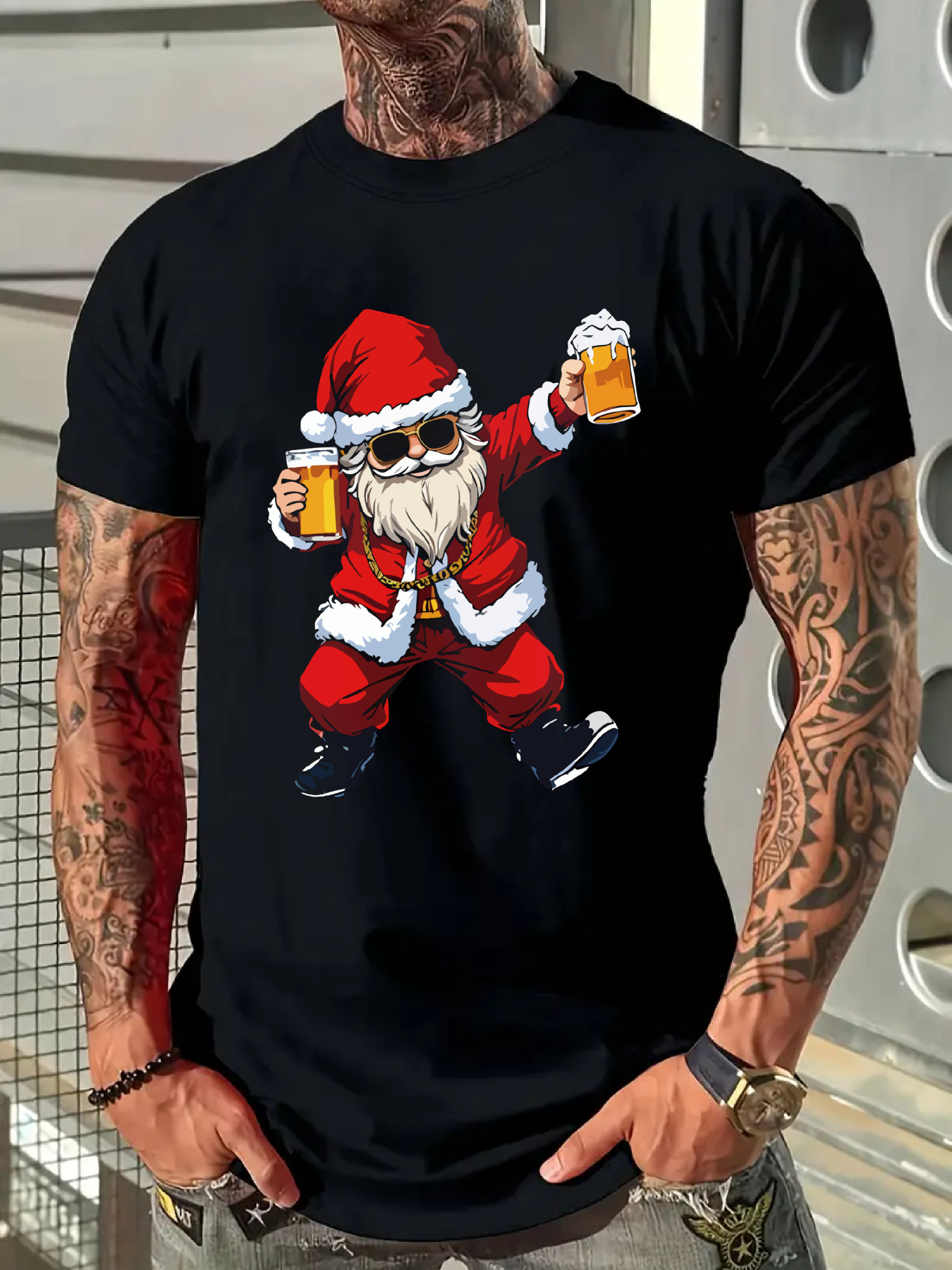 Men's Graphic T-Shirt Dancing Holiday Santa With Sunglasses Holding Two Mugs Of Beer Santa Claus