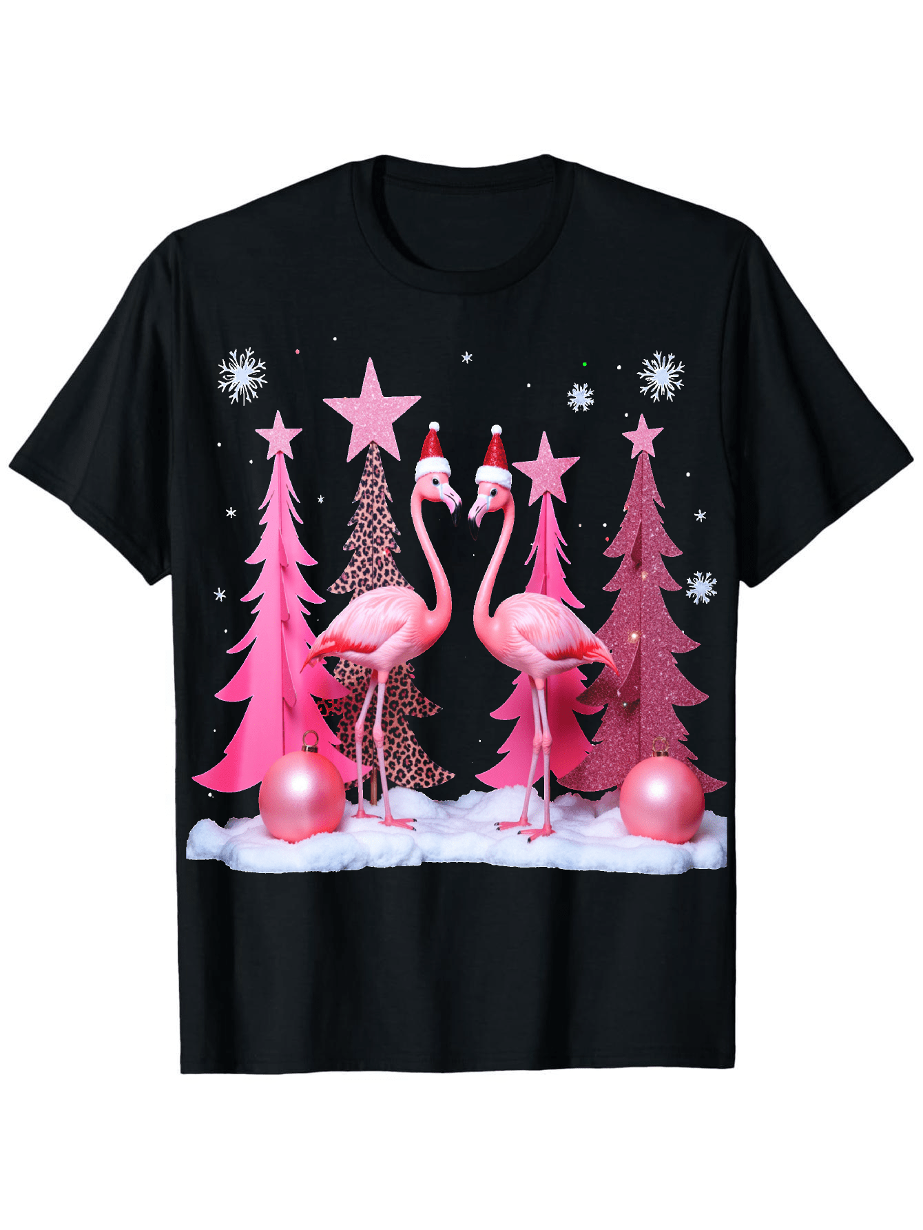 Men's Graphic T-Shirt Winter Scene With Shimmering Baubles Pink Trees And Festive Flamingo