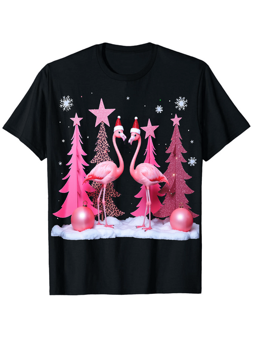 Men's Graphic T-Shirt Winter Scene With Shimmering Baubles Pink Trees And Festive Flamingo