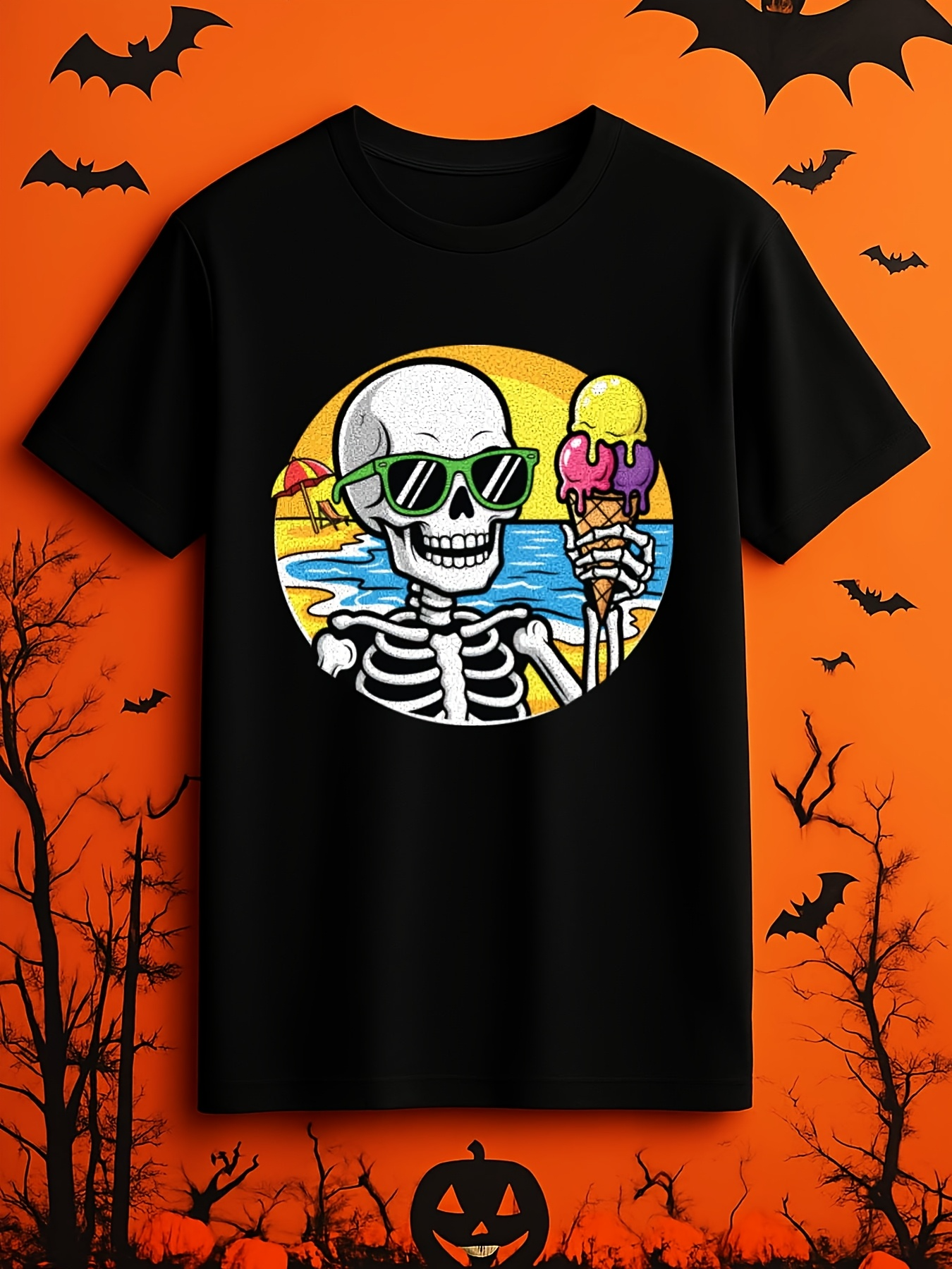 Men's Graphic T-Shirt Summer Beach Skeleton With Sunglasses Holding Melting Ice Cream Cone