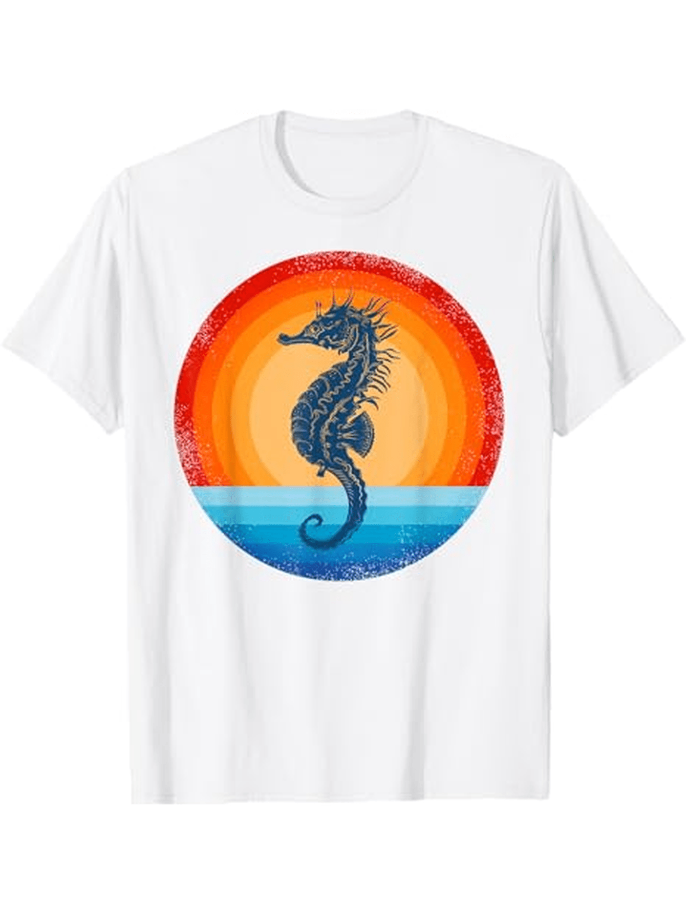 Men's Graphic T-Shirt Colorful Sunset Gradient Circle With Ocean Water And Textured Seahorse