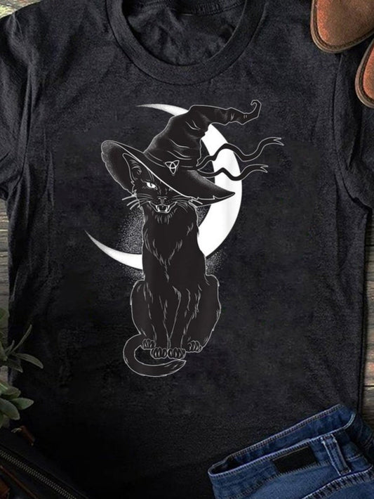 Women's Graphic T-Shirt Silent Night With Moonlit Shadows And Mystical Witch Hat Cat
