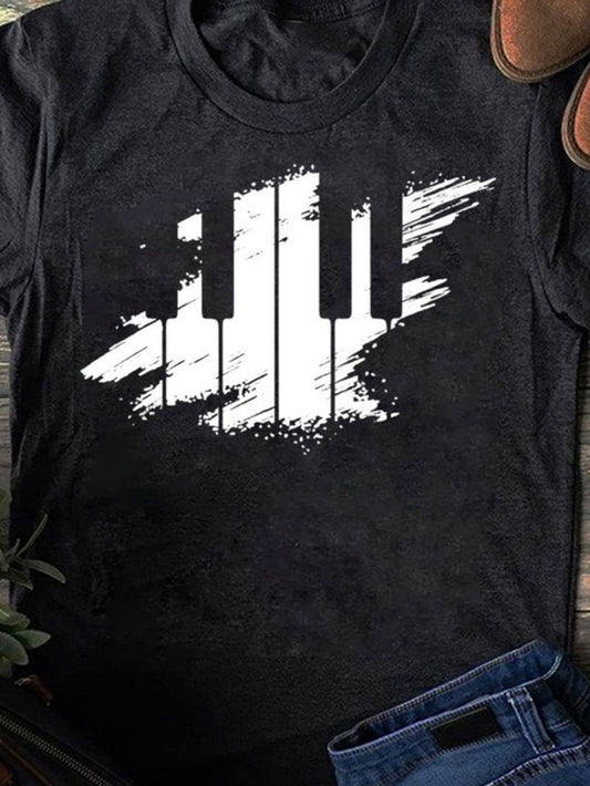 Women's Graphic T-Shirt Artistic Brush Strokes Evoking Dynamic Painted White Piano Keys