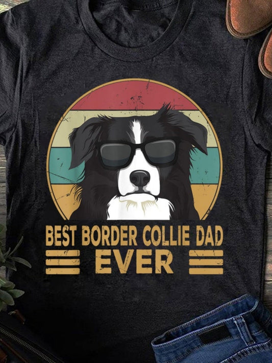 Women's Graphic T-Shirt Best Border Collie Dad Ever Retro Sun With Cool Sunglasses Wearing Border Collie Dog