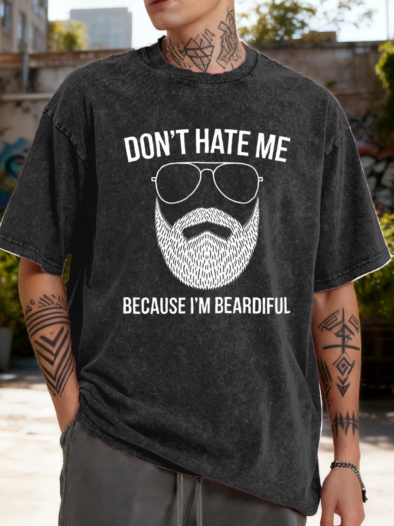 Men's Graphic T-Shirt Dont Hate Me Because Im Beardiful With Sunglasses And Graphic Beard Face