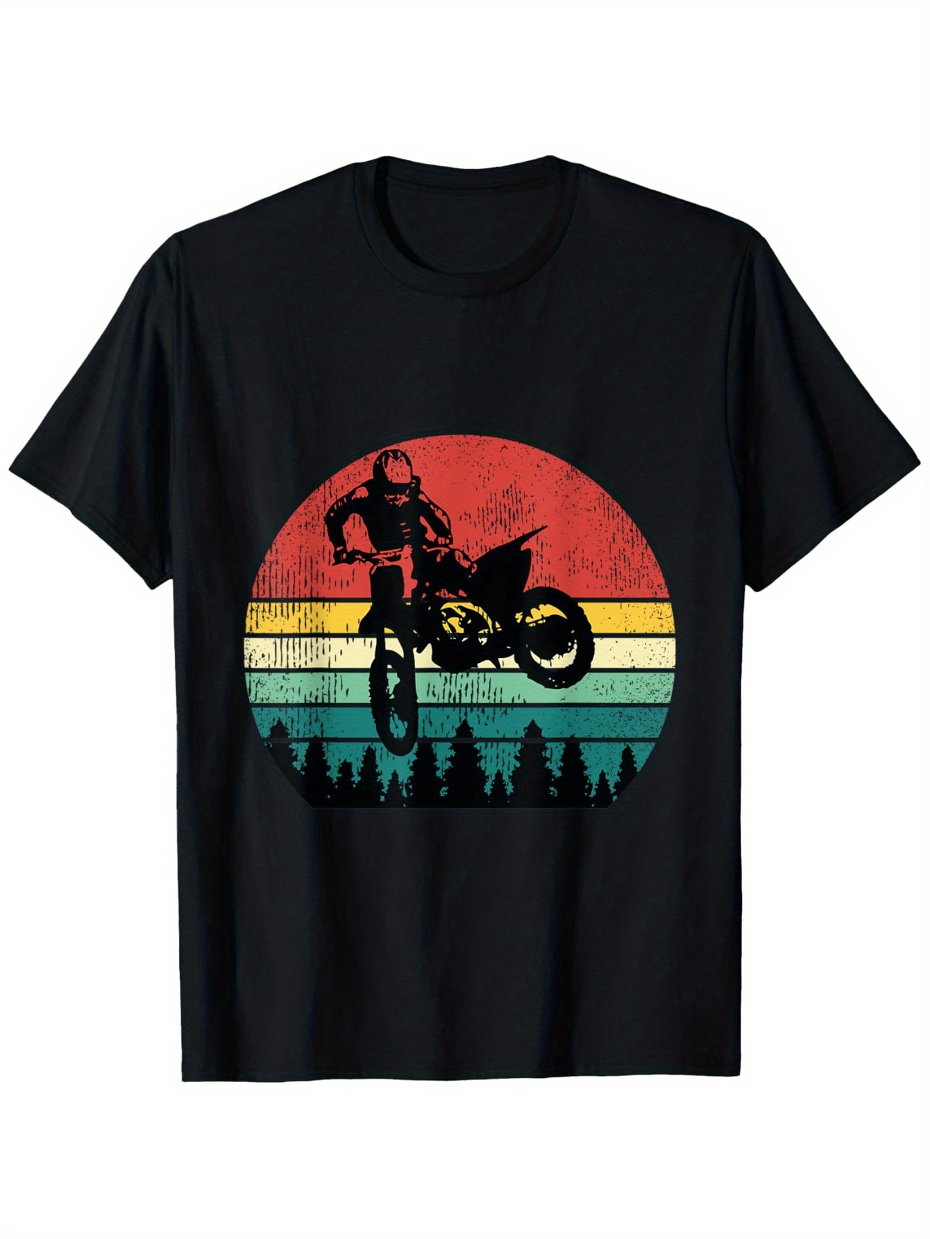 Men's Graphic T-Shirt Retro Sunset Forest With Stunt Rider Performing Jump Motorcycle