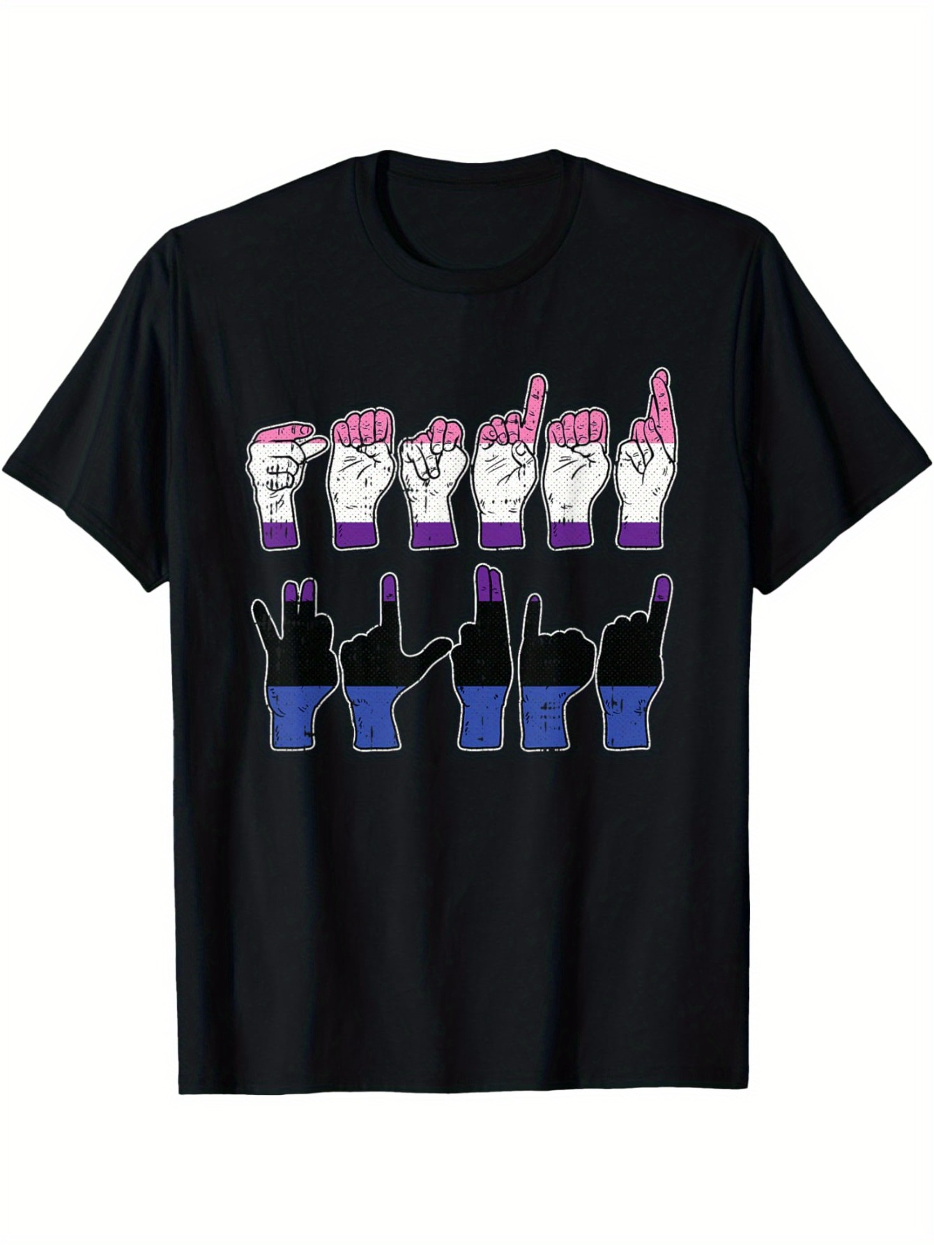 Men's Graphic T-Shirt American Sign Language Fingerspelling With Gradient Colored Shadow Hands