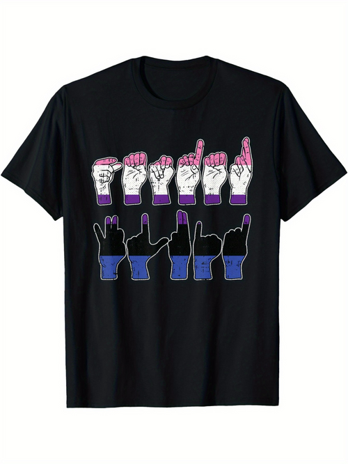 Men's Graphic T-Shirt American Sign Language Fingerspelling With Gradient Colored Shadow Hands