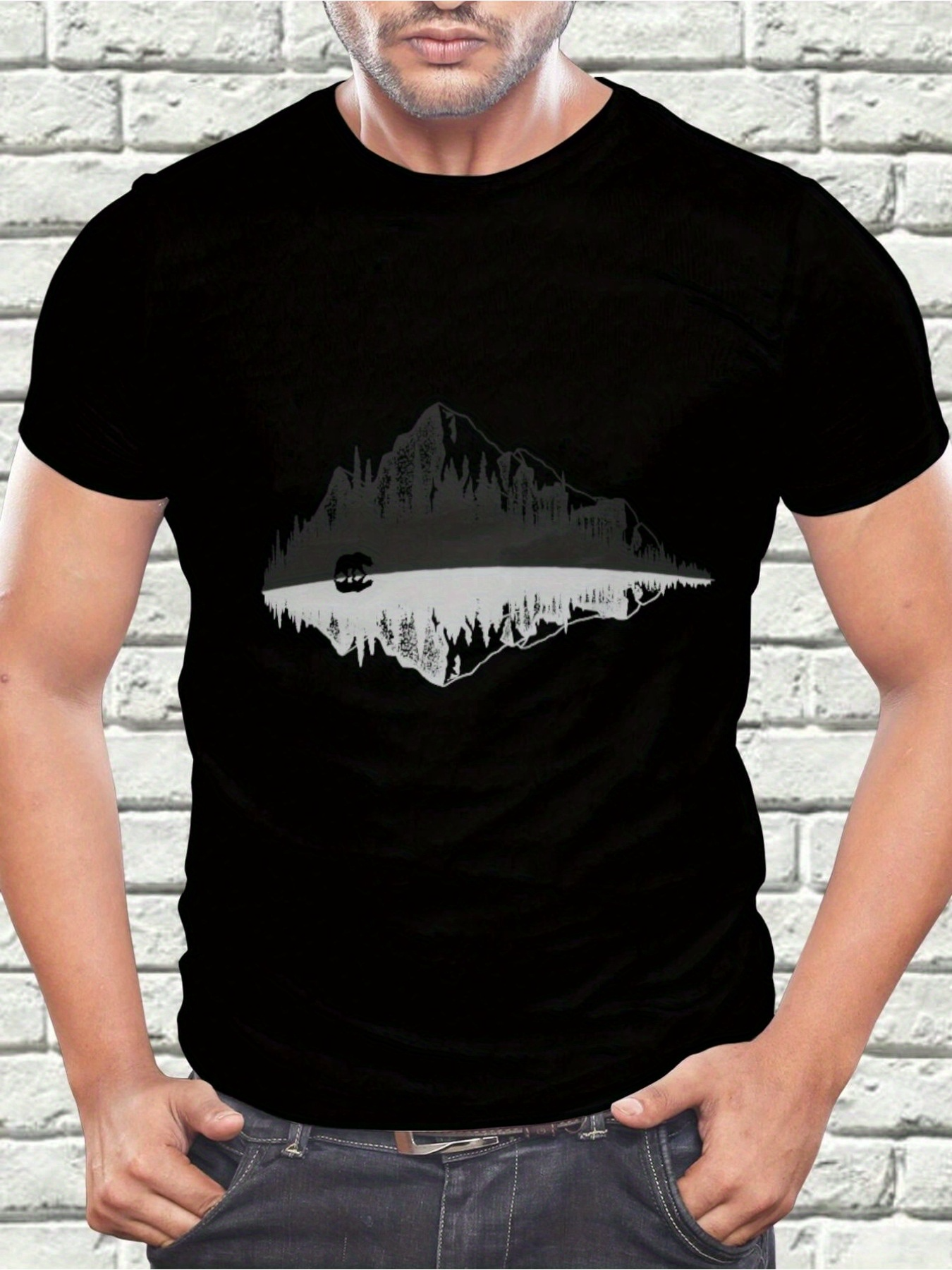 Men's Graphic T-Shirt Reflected Mountain Lake And Forest Scene With Calm Canoe