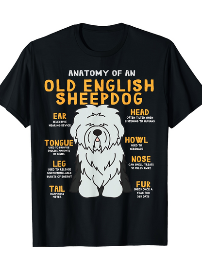 Men's Graphic T-Shirt Playful Guide With Adorable Fluffy Sheepdog Surrounded By Anatomy Text Diagram Sheepdog