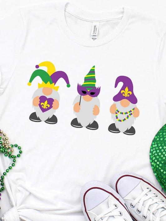 Women's Graphic T-Shirt Three Playful Gnomes With Festive Costumes And Colorful Mardi Gras Accessories