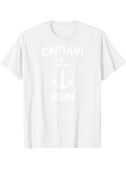 Men's Graphic T-Shirt Captain John Nautical Anchor Emblem Featuring Crisp White Cotton T Shirt