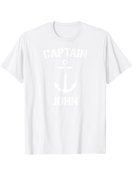 Men's Graphic T-Shirt Captain John Nautical Anchor Emblem Featuring Crisp White Cotton T Shirt