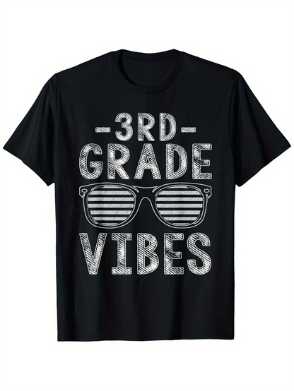 Men's Graphic T-Shirt Third Grade Vibes With Retro Striped Sunglasses And Grunge Letter Texture
